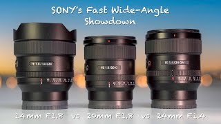 Sony fast wideangle lens showdown  14mm F18 GM vs 20mm F18 G vs 24mm F18 GM  side by side [upl. by Aissej59]