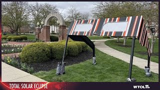 Giant solar eclipse glasses debut at the University of Findlay before eclipse weekend [upl. by Yehsa]