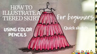 Fashion illustration Tutorial  How to illustrate a skirt   Tiered skirt  Ruffles  For beginners [upl. by Kamerman]