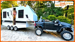 Camping adventure with kids RV trailer and ride on truck sleeping in camper Educational  Kid Crew [upl. by Adnopoz]