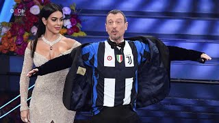 Sanremo 2020 lo scherzo di Amadeus a Georgina la maglia è della Juve ma solo per metà [upl. by Oiziruam]