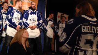 Syracuse Crunch goalie Kristers Gudlevskis sings Latvian National Anthem [upl. by Aile]