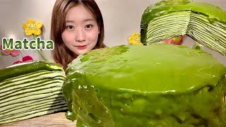 ASMR Matcha Crepe Cake【Mukbang Eating Sounds】【English subtitles】 [upl. by Gusba175]