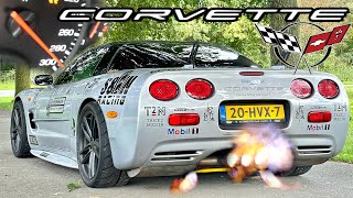 LOUD CORVETTE C5 w HEADERS shoots FLAMES  TOP SPEED on AUTOBAHN [upl. by Shuler]