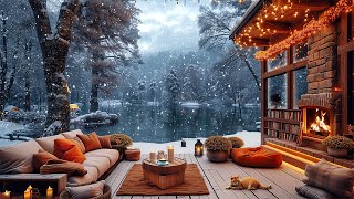 Lakeside Porch Ambience ☕ Winter Morning with Smooth Jazz Music amp Fireplace Sounds to Relax Study [upl. by Ahtaela]