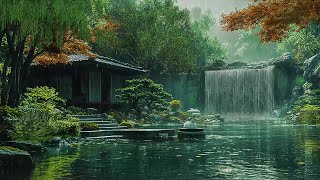 Zen Garden On Rainy Day 🌳 Heavy Rain And Waterfall Sounds For Relaxing  Deep Sleep Ambience [upl. by Rusell317]