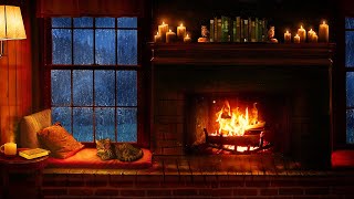 Cozy Cabin Ambience  Rain and Fireplace Sounds at Night 8 Hours for Sleeping Reading Relaxation [upl. by Greeson]