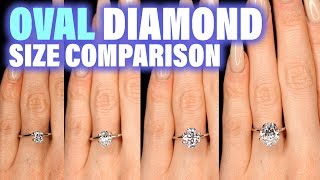 Oval Shaped Diamond Size Comparison on Hand Finger Engagement Ring Cut 75 Carat 2 ct 1 3 4 15 25 [upl. by Chevy]