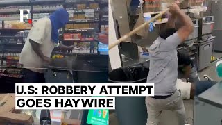 Robbery Attempt Goes Wrong In US Thief Caught And Beaten Up By Store Owner [upl. by Tallbott535]