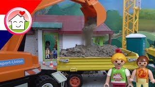 Graafmachine vrachtauto kraan  Huis Bouwplaats Playmobil filmpje Nederlands  Familie Huizer [upl. by Idissak]