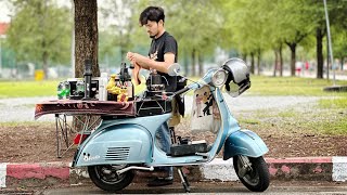 ASMR Cafe Vlog Mini Coffee Shop Vespa Scooter Barista Work Hard Relaxing Mood Kopi Carts Street [upl. by Alice917]