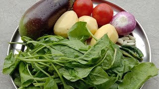 Aloo Begun Palong Shaak er RecipeHow to make Potato Brinjal Spinach Recipe quotBengali stylequot [upl. by Ramma]