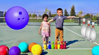 Playground Balls and Colored Bowling Pins for Children  Toddlers Learn Colors and Play Sport Toys [upl. by Mukul]