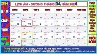 Lịch âm dương tháng 4 năm 2024  Lịch vạn niên tháng 42024 Ngày Lễ Tháng 42024 [upl. by Derian]