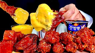 ASMR 매콤달콤 양념치킨파티🍗자메이카 통다리 양념치킨 양념멘보샤 치즈소스 찍먹방 Sweet Spicy Chicken With spicy Noodles MuKBang [upl. by Gaultiero]