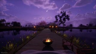 A Beautiful Purple Night Ambience In A Peaceful Countryside  Crackling Fire Crickets Water Sounds [upl. by Limaa112]