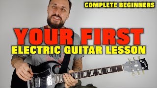 First Electric Guitar Lesson Complete Beginners [upl. by Elvis437]