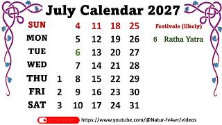 July Calendar 2027 julycalender2027 [upl. by Lotus826]