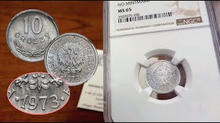 NAJRZADSZA MONETA PRL 10 groszy 1973 aluminium BEZ ZNAKU mennicy NGC MS65  Aukcja 26 Niemczyk [upl. by Enrika554]