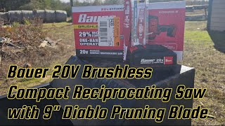 Bauer 20V Brushless Compact Reciprocating Saw with 9quot Diablo Pruning Blade [upl. by Anaitat942]