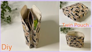 ツインポーチ作り方 ファスナー無し How To Make Twin Pouch  None zipper Pouch easy sewing tutorials diy [upl. by Cyd354]