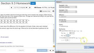 Using StatCrunch to perform hypothesis testing on two matched pair means of acting award ages [upl. by Akimot11]