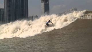 Surfing the Silver Dragon Tidal Bore Qiatang River China 2011 [upl. by Anirehtac767]