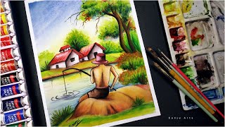 Watercolor painting  How to draw scenery of fishing step by step  Sanju Arts [upl. by Delanty521]