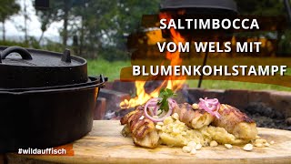 Outdoor Cooking ➡️ Saltimbocca vom Wels mit Blumenkohlstampf und HonigZwiebeln [upl. by Suzette704]