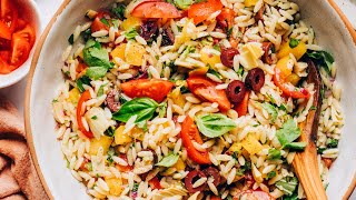 MediterraneanInspired Orzo Pasta Salad  Minimalist Baker Recipes [upl. by Landing]