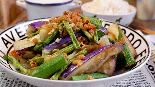 RestaurantStyle StirFried Vegetables w Dried Shrimp 虾米炒三宝 Chinese Long Bean Brinjal Okra Recipe [upl. by Leelahk]