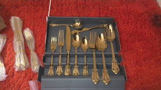 Lets open KEAWELL 45 Piece Gold Flatware Set Knives Forks 1810 Antique Baroque no rust or fade [upl. by Ecyrb316]