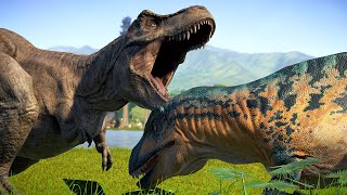 GIGANOTOSAURUS vs TREX vs IREX vs SPINOSAURUS DINOSAURS BATTLE ROYALE IN JURASSIC WORLD EVOLUTION [upl. by Carolyne264]