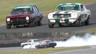 Group N Historic Touring Cars amp HQ Holdens Saturday Round 4 Symmons Plains 2024 Mustang v Torana XU1 [upl. by Hanforrd]