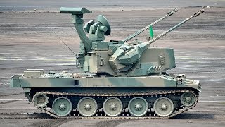 Japanese Gepard  Mitsubishi Type 87 Selfpropelled Antiaircraft Gun Oerlikon KDA 35 mm twin cannon [upl. by Yusem]