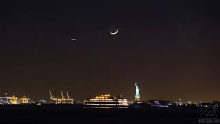 A Timestack timelapse of the crescent moon setting over the Statue of Liberty National Monument​ [upl. by Nicoline]