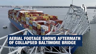 Aerial footage shows aftermath of collapsed Francis Scott Key Bridge in Baltimore [upl. by Jarin903]