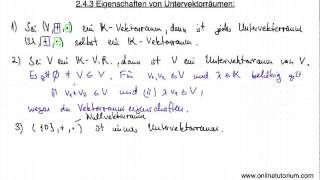 Eigenschaften von Untervektorräume  Mathematik Video Übung [upl. by Wirth]