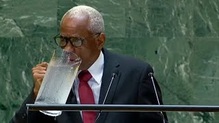 Haitian President spills giant jug of water during UN speech [upl. by Sura361]