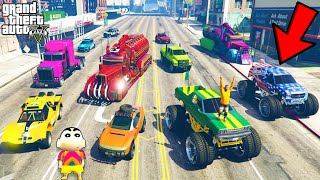 Franklin Testing HUGE CARS vs MASSIVE SPEED JUMPS in GTA 5  SHINCHAN and CHOP [upl. by Mokas]