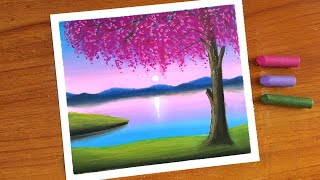 Oil Pastel Spring Scenery Painting for beginners  Oil Pastel Drawing Cherry Blossom [upl. by Efar]