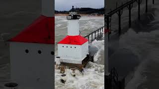 Monster Huge Storm Surge amp Waves Michigan City Indiana Lighthouse drone shorts storm [upl. by Malinin]