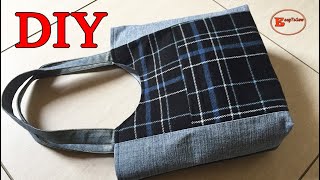 DIY DENIM AND FLANNEL TOTE BAG WITH CURVED TOP FRONT POCKET  TOTE BAG MAKING AT HOME [upl. by Duvall]