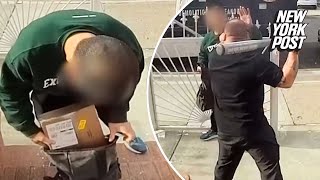 Moment NYC man fed up with porch pirates lures thief with fake parcels to catch him in the act [upl. by Aramal]