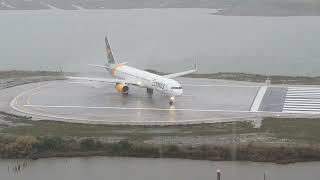 Condor powerful take off at Corfu during a rainy morning filmed from a hotel balcony [upl. by Maddeu]