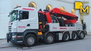 Intense heavy lifting job Palfinger crane PK 200002LSH on Scania R 560 truck lifting windows [upl. by Chabot]