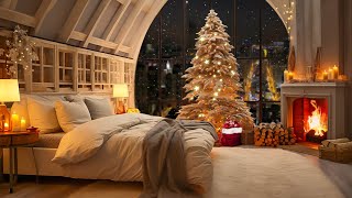 Winter Night Jazz in Cozy Bedroom with Fireplace Sounds 🔥 Relaxing Jazz Music amp Snowfall by Window ❄ [upl. by Nomaid689]