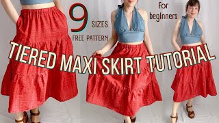 How to Make a Tiered Maxi Skirt  BeginnerFriendly StepbyStep Tutorial  9 Sizes Free Pattern [upl. by Isolt]