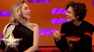 Saoirse Ronan amp Timothée Chalamet Joke About Pronouncing Timothée Chalamet [upl. by Letney268]