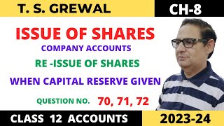 ISSUE OF SHARES COMPANY ACCOUNTS TSGrewal Ch 8 Que no70 7172When capital reserve given2023 [upl. by Artep]